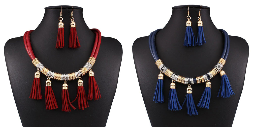 FASHION LEATHER TASSEL NECKLACE AND EARRING SET