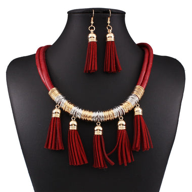 Fashion Leather Tassel Necklace and Earring Set